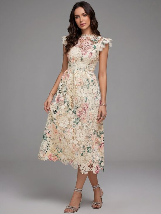 Dresses & Skirts - Women’s Floral Lace Midi Dress Elegant Stand Collar Cap Sleeve Party Dress
